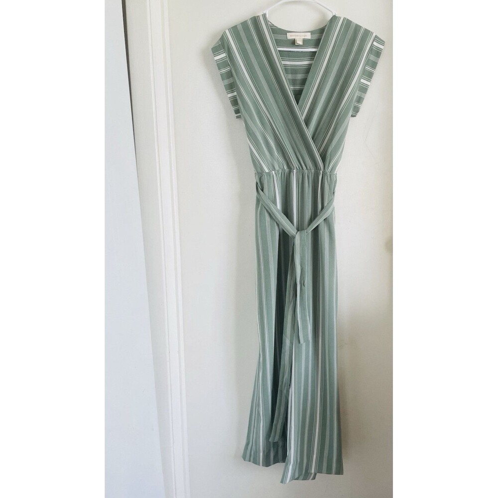 Monteau Striped Wide-Leg Jumpsuit Tie Waist Sleeveless Green White L